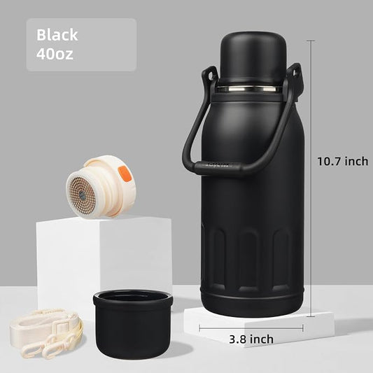 Konokyo Insulated Water Bottle with Handle and Strap,Vacuum Travel Tumbler with Cup Lid,Thermo Coffee Cup for Hot Cold Drinks 40 OZ,Black