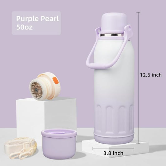 Konokyo Insulated Water Bottle with Handle and Strap,Vacuum Travel Tumbler with Cup Lid,Thermo Coffee Cup for Hot Cold Drinks 50 OZ,Purple Pearl