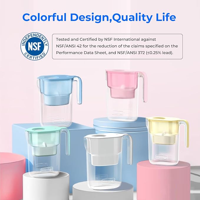 Waterdrop PT-05P Water Filter Pitcher, 7-Cup Capacity, NSF Certified, Pink | 5X Longer Filter Life, Up to 200 Gallons, for Fridge, Countertop, and Gift Giving, Reduces PFOA/PFOS, Chlorine