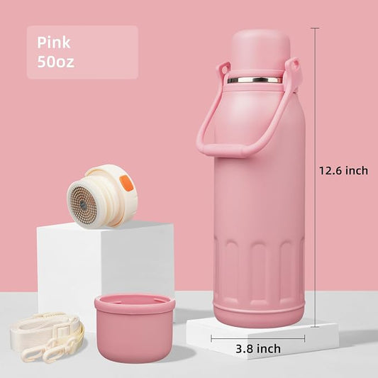 Konokyo Insulated Water Bottle with Handle and Strap,Vacuum Travel Tumbler with Cup Lid,Thermo Coffee Cup for Hot Cold Drinks 50 OZ,Pink