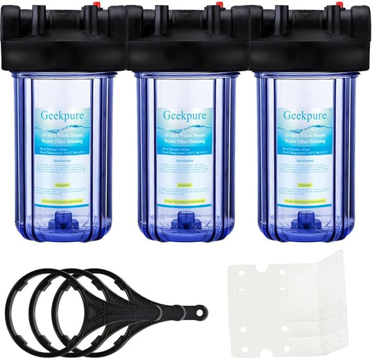 Geekpure 10 Inch Water Filter Housing for Whole House Water Filtration with Wrench Bracket -1" Port-Clear -4.5" x 10" Pack of 3