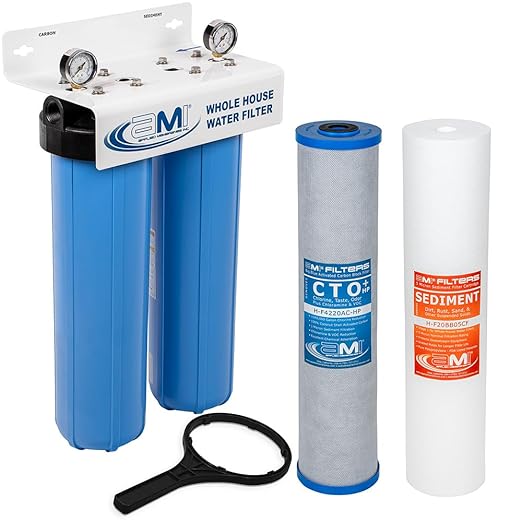 APPLIED MEMBRANES INC 2-Stage Whole-House Water Filter System with 4.5x20-Inch Sediment and Carbon-Block Filters, Removes Sediment, Chlorine, Chloramine, Chemicals, Taste, and Odor