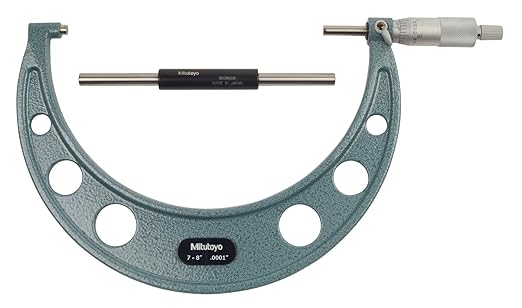 Mitutoyo 103-222 Outside Micrometer, 7-8" Range, 0.0001" Graduation, ±0.0002" Accuracy, Ratchet Stop, Baked-Enamel Frame, Satin-Chrome Scale, Carbide-Tipped Measuring Faces