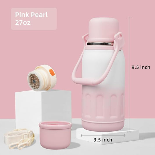 Konokyo Insulated Water Bottle with Handle and Strap,Vacuum Travel Tumbler with Cup Lid,Thermo Coffee Cup for Hot Cold Drinks 27 OZ,Pink Pearl