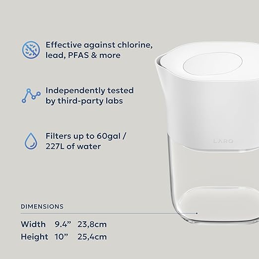 LARQ Water Filter Pitcher, 8-Cup - Removes Lead, PFAS, Chlorine & HAA5 | NSF-tested Nano Zero plant-based filter keeps healthy minerals; BPA-free, fits fridge, 60-gal filter, water jug, Pure White