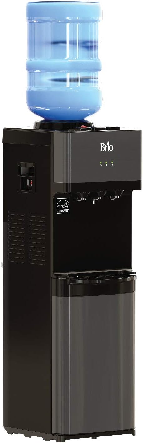 Brio Limited Edition Top Loading Water Cooler Dispenser - Black Stainless Steel - Hot & Cold Water, Child Safety Lock, Holds 3 or 5 Gallon Bottles - UL/Energy Star Approved