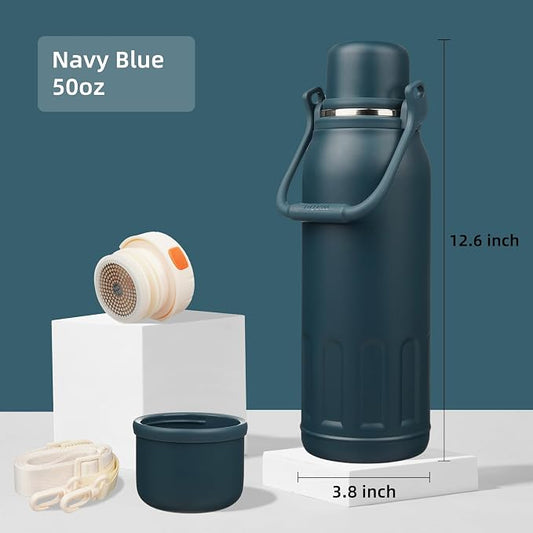 Konokyo Insulated Water Bottle with Handle and Strap,Vacuum Travel Tumbler with Cup Lid,Thermo Coffee Cup for Hot Cold Drinks 50 OZ,Navy Blue