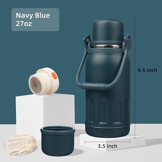 Konokyo Insulated Water Bottle with Handle and Strap,Vacuum Travel Tumbler with Cup Lid,Thermo Coffee Cup for Hot Cold Drinks 27 OZ,Navy Blue