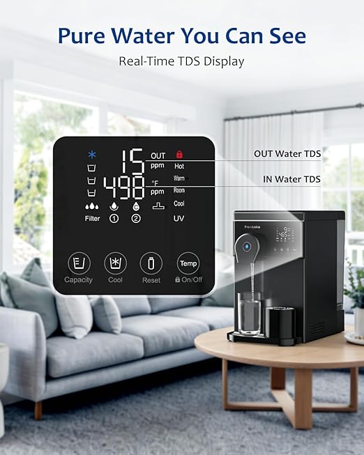 Countertop Reverse Osmosis Water Filter with Instant Hot and Ice-Cold Water, 6-Stage RO with UV, Smart TDS Monitor, Tank or Direct Connect, 3:1 Low Waste, for Home and Office