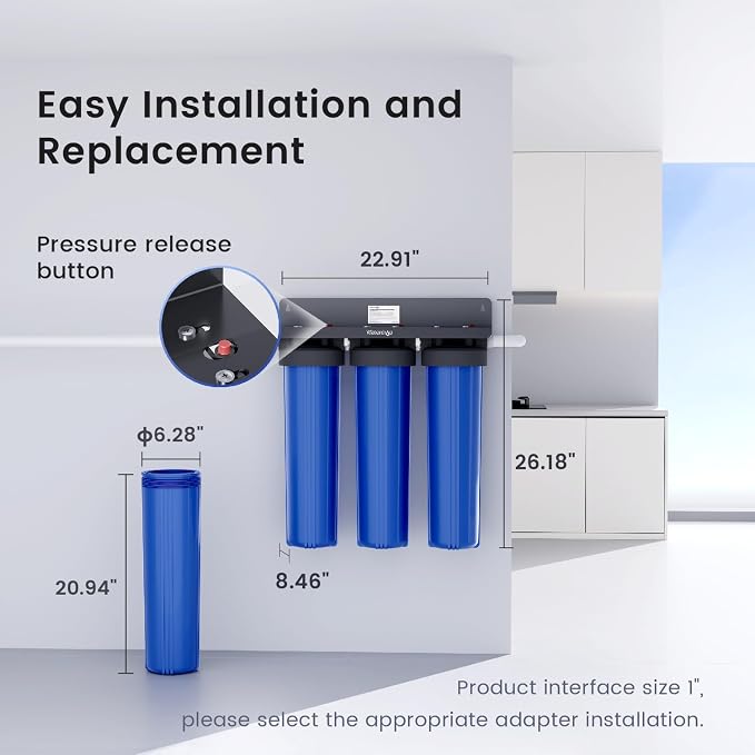 Waterdrop WHF3T-PG 3-Stage Whole House Water Filter System, 5 Micron | Highly Reduces Lead, Chlorine, Odor and Taste, 7-Stage Filtration, with Carbon Filter & Sediment Filter, 1" Inlet/Outlet