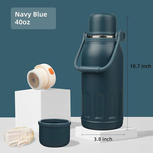 Konokyo Insulated Water Bottle with Handle and Strap,Vacuum Travel Tumbler with Cup Lid,Thermo Coffee Cup for Hot Cold Drinks 40 OZ,Navy Blue