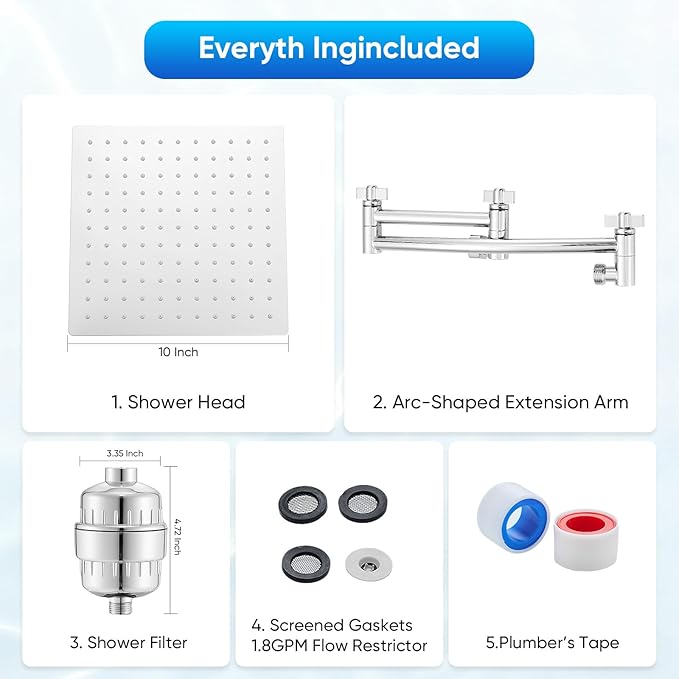 Shower Head with Filters, Stainless Steel Rain Filtered Shower Head, High Pressure Shower Head with 16" Shower Extension Arm - 20 Stage Shower Filter for Hard Water - 10" Silver