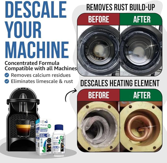 Universal Coffee Machine Descaling Solution. Coffee Machine Descaler Liquid 2 Uses. Descaler Kit. Part of your Barista Accessories Set. Compatible with Nespresso, Phillips, Lavazza, Verismo and More!