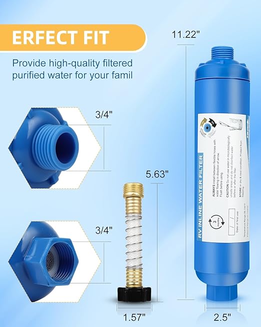 RV Inline Water Filter with 2 Flexible Hose Protector, Reduces Chlorine, Bad Taste, Rust, Corrosion, Sediments, and Turbidity, Ideal for RVs, Garden, Car Washing, Gardening, Planting, 4 Pack