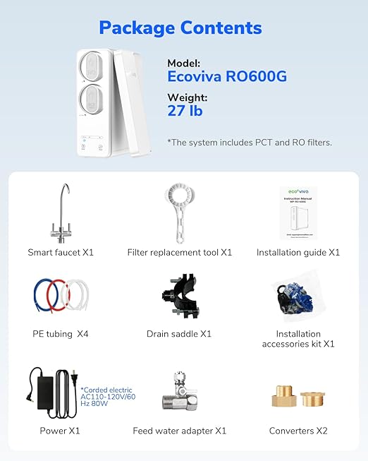 Ecoviva 600GPD Reverse Osmosis System, RO Under Sink Water Filter System, Tankless, Lower TDS, 2.5:1 Pure to Drain Ratio, LED Panel with Filter Monitor, Online Installation Guide, White