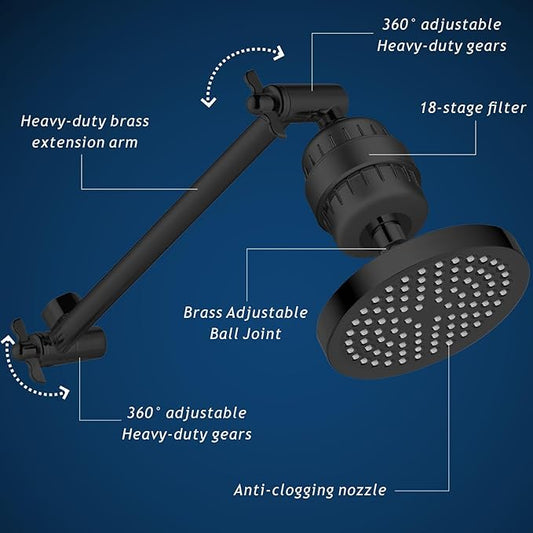 Filtered Shower Head with Extension Arm, High Pressure Rain Showerhead Filter Set for Hard Water Removes Chlorine and Harmful Substances (Matte Black)