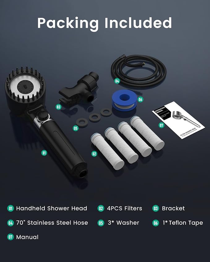 Filtered Shower Head with Handheld with 4PCS Filters, High Pressure 4 Spray Modes Black Shower heads with Filter, Water Softener Filter for Hard Water 70" Hose