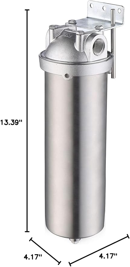 Amwater NSF/ANSI 42 Stainless Steel Whole House Water Filter Housing, 10" x 2.5" Sediment Water Filter System for Heavy Duty, Well & City Water, 3/4" NPT Port, Drain Valve Style C(Square Head)