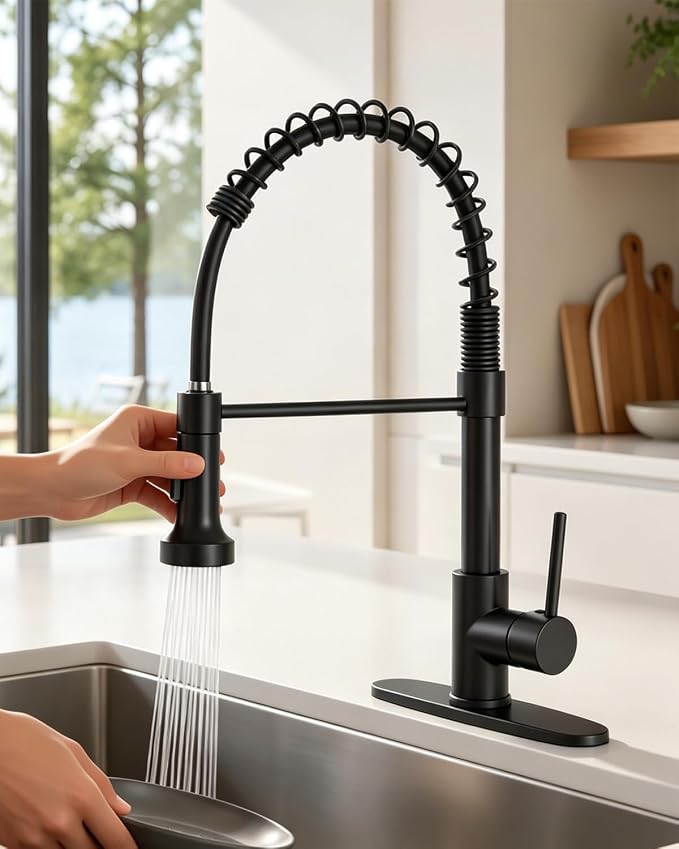 Matte Black Kitchen Faucet with Pull-Down Sprayer — Commercial Spring High-Arc Single-Handle Sink Faucet, Fits 1 or 3 Hole for Farmhouse, Bar, Camper and Laundry Room