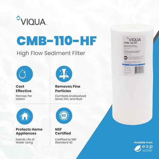 VIQUA CMB-110-HF 1 Micron High Flow Sediment Water Filter 4.5 x 10 Inches, Universal 10-Inch Whole House Water Filter Housing, Reduces Sediment, Rust, Dirt, and Protects UV Systems