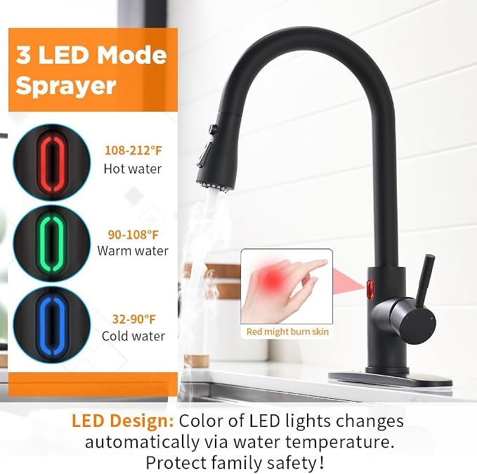 Touchless Kitchen Faucet with Pull Down Sprayer for Kitchen Sink, Single Handle Motion Sensor Faucet with LED Light and Dual-Function Spray, Hands-Free Matte Black