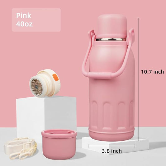 Konokyo Insulated Water Bottle with Handle and Strap,Vacuum Travel Tumbler with Cup Lid,Thermo Coffee Cup for Hot Cold Drinks 40 OZ,Pink