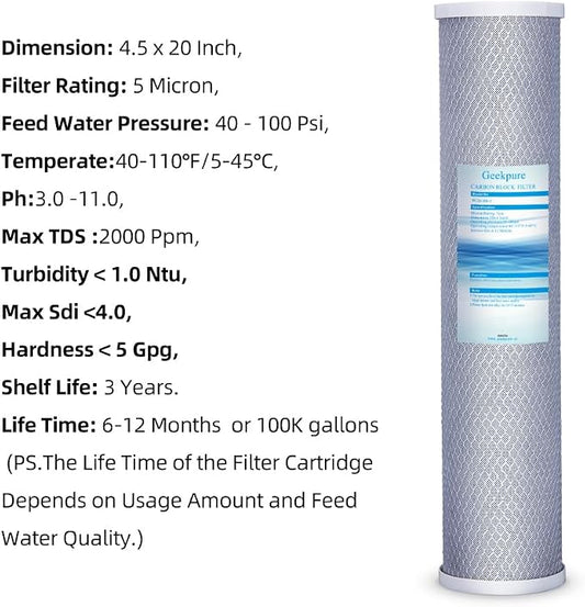 Geekpure Whole House PP Sediment and Carbon Block Replacement Filters -4.5 x 20 Inch -5 Micron-Pack of 4