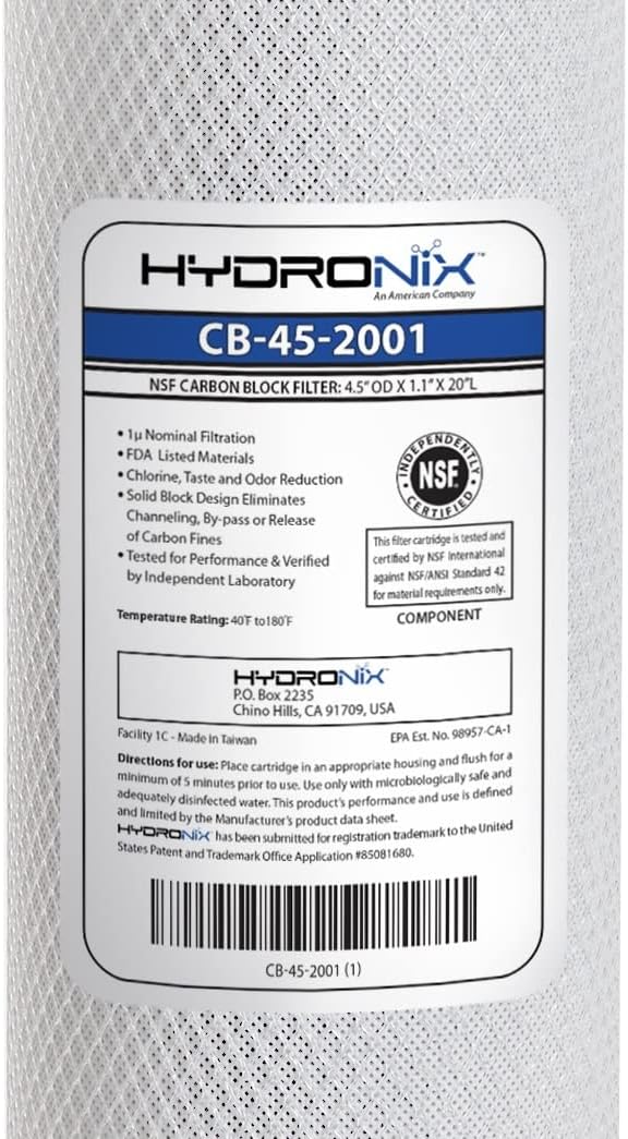 Hydronix CB-45-2001 Whole House, Commercial & Industrial NSF Coconut Carbon Block Water Filter, 4.5" x 20" - 1 Micron