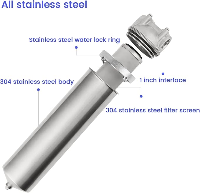 Amwater NSF/ANSI 42 Stainless Steel Whole House Water Filter Housing, 10" x 2.5" Sediment Water Filter System for Heavy Duty, Well & City Water, 1" NPT Port, Drain Valve Style C(Square Head)