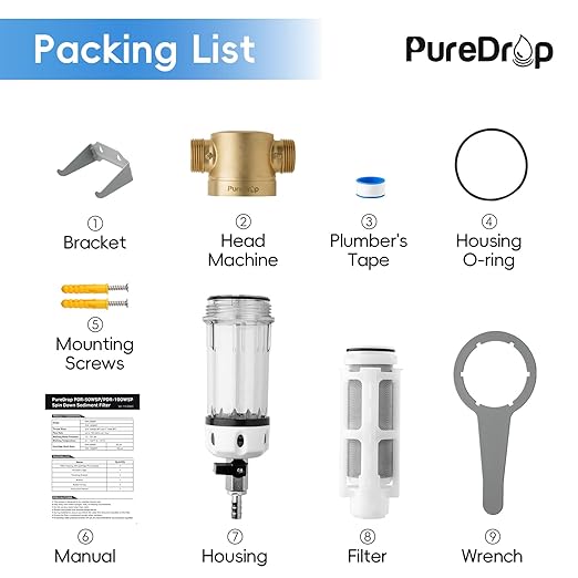 PureDrop PDR-100WSP Spin Down Sediment Filter, Reusable Whole House Sediment Water Filter for Well Water, 100-Micron Flushable Prefilter Filtration System with Scraper, 1" MNPT + 3/4" FNPT