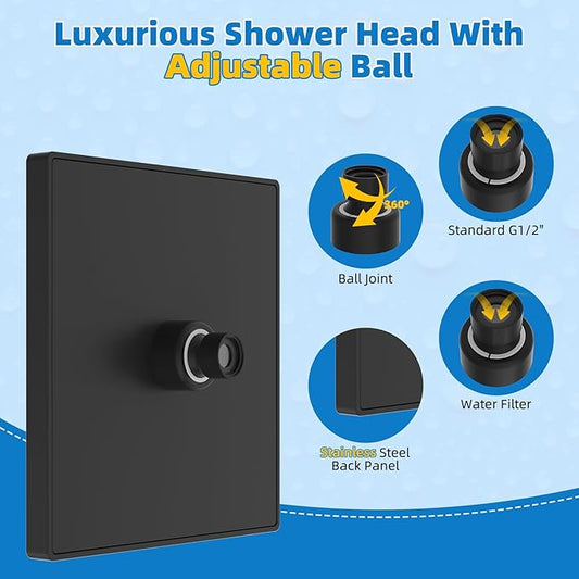 Hibbent cUCPC Certified Rain Shower Head, 8'' High Pressure Rainfall Shower Head, Square Bathroom Waterfall Shower Heads, High Flow Fixed Showerheads with Adjustable Brass Ball Joint, Matte Black