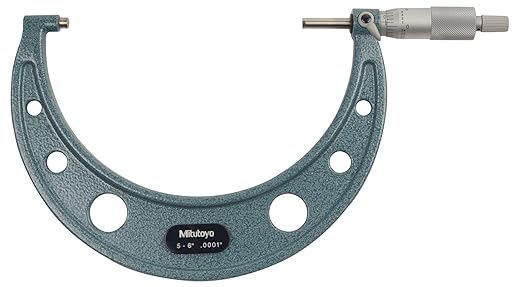 Mitutoyo 103-220 Outside Micrometer, 5-6" Range, 0.0001" Graduation, ±0.00015" Accuracy, Ratchet Stop, Vernier Scale, Satin-Chrome Sleeve, Baked-Enamel Frame, Carbide-Tipped Measuring Faces