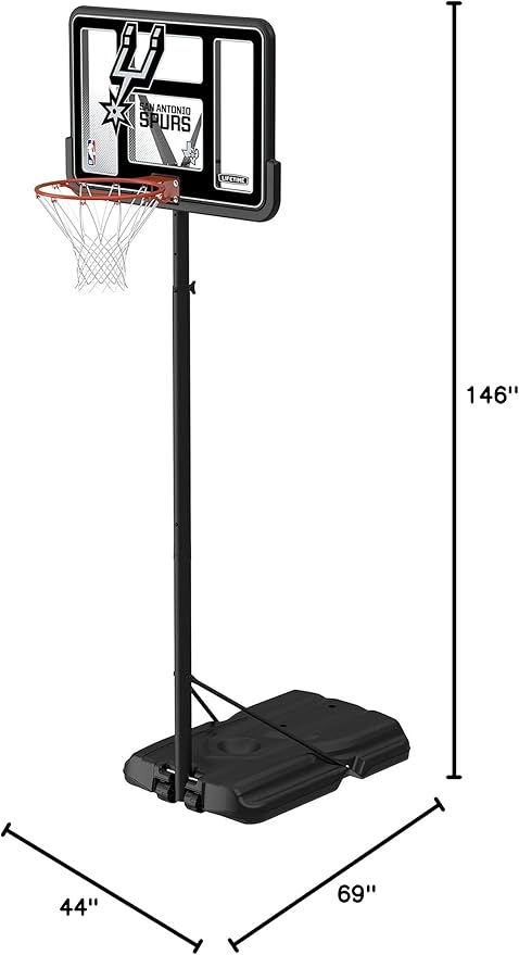 Lifetime NBA San Antonio Spurs Portable Basketball Hoop, Adjustable Height 7.5-10 Ft, 44 Inch Shatterproof Fusion Backboard, Base with Wheels