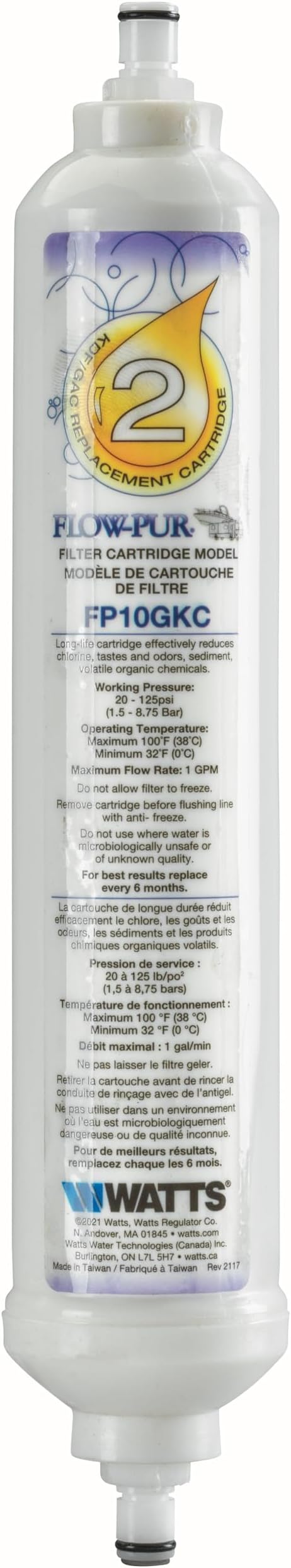 Flow-Pur GAC/KDF RV 10 IN Inline Filter with 1/4 IN Quick Connect Couplings, Reduce Bad Taste and Odor, Optimize Water Purification, Improve Liquid Quality for Consumption