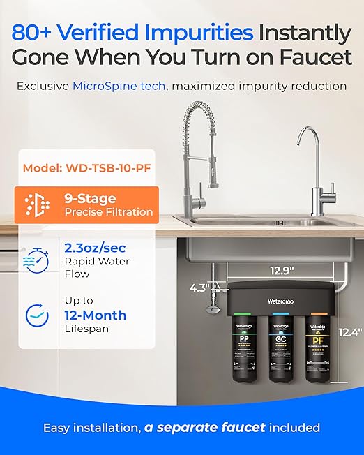 Waterdrop TSB-10-PF Under Sink Water Filter, 𝐑𝐞𝐝𝐮𝐜𝐞𝐬 𝟖𝟎+ 𝐈𝐦𝐩𝐮𝐫𝐢𝐭𝐢𝐞𝐬-PFAS, Chlorine, Chloramine, Fluoride, Taste&Odor, 9 Layer Under Sink Water Filtration System,with A Extra Faucet