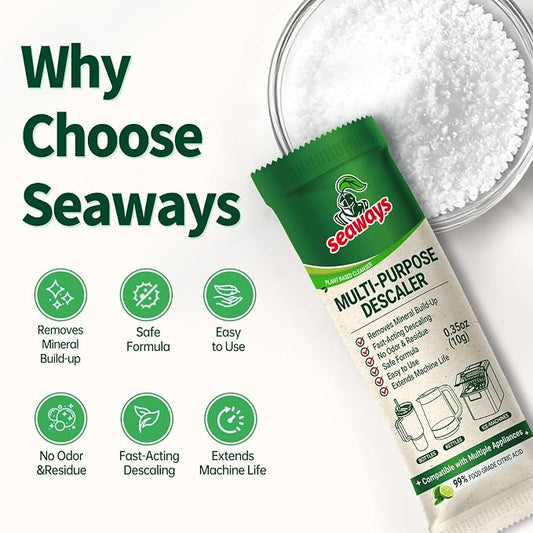 Seaways Multi-Purpose Descaler & Cleaner Powder Packets (20 Uses) | Limescale Remover for Ice Maker,Coffee Machine,Kettle,Shower Head & Distiller | 99% Food-Grade Citric Acid | 20×0.35 oz