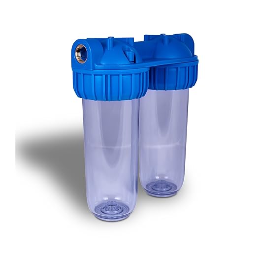 Dual Whole House Water Filter System, Transparent Standard Housings, Presser Relief Button, 3/4” Inlet/Outlet Brass Port, Meets NSF Standards & Regulations (5 Mic Pleated & Standard Sediment Filters)