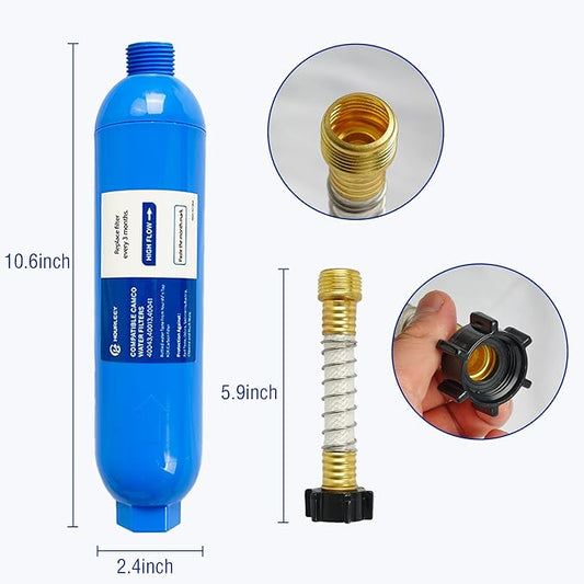 Hourleey 4 Pack RV Inline Water Filter with 2 Flexible Hose Protector, Reduce Bad Taste, Odors, Rust, Fluoride, Chlorine and Sediment in Drinking Water, Dedicated for RVs Campers Marines