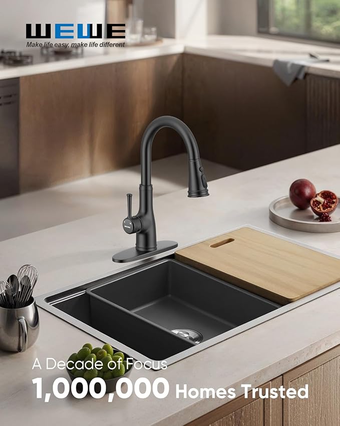 WEWE Vintage Kitchen Faucet with Pull Down Sprayer, Stainless Steel 1 or 3 Hole High Arc Single Handle Antique Sink Faucet for Classic Modern Ktichen, Matte Black Bar & Prep Sinks