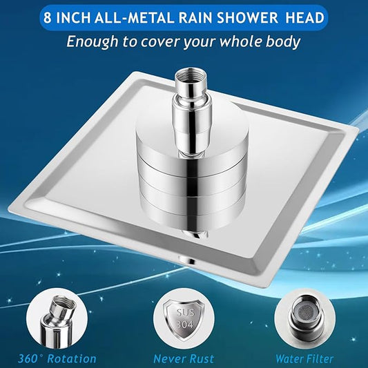Voolan Rain Shower Head with Filtered - High Flow Large Rainfall Shower Heads Made of Stainless Steel - Waterfall Showerhead Filter For Hard Water (8" Chrome)