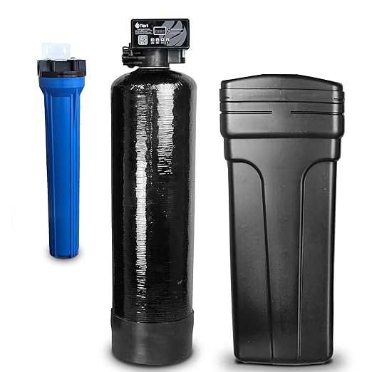 Tier1 Whole House Water Softener System 32000 Grain Capacity | Compact High Efficiency Design with Ceramic Control Valve | Preloaded 1 Cubic Foot Resin Tank | Home Filtration System for 3 to 4 Baths