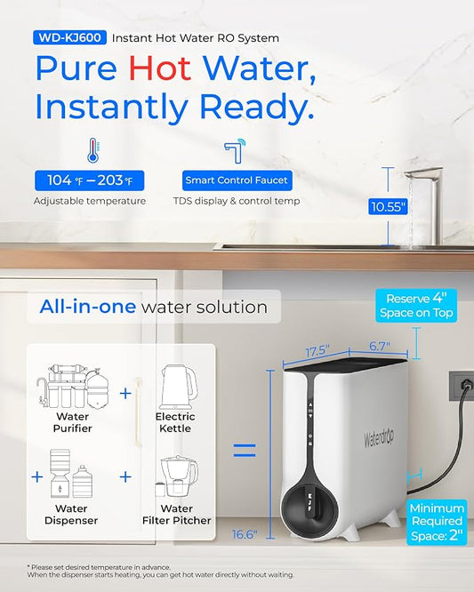 Waterdrop KJ600 Instant Hot Reverse Osmosis System, 600 GPD, Tankless RO | NSF/ANSI 372 Certified, 5-Stage Filtration, PFAS & TDS Reduction, 2:1 Pure to Drain, LED Faucet, Hot and Cold Water Dispenser