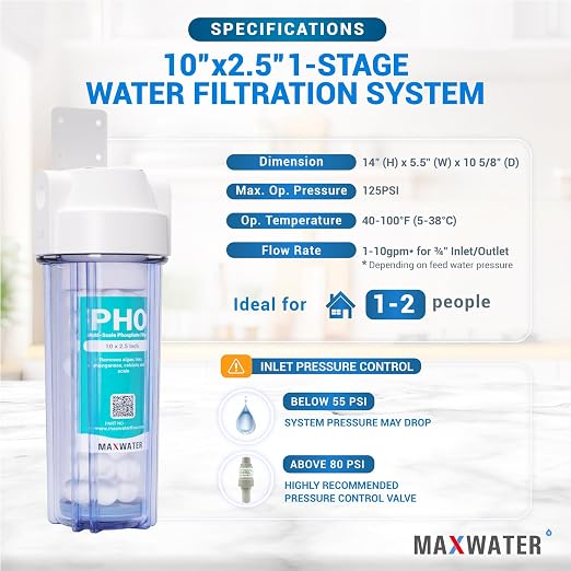 10" inch 1 Stage Whole House Standard Anti-Scale Water Filter System, Clear Housing w/Phosphate Anti-Scale Water Filter, Good for Well Water/Boiler Water (1 Stage Anti Scale)