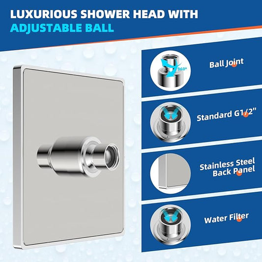 Hibbent cUPC Certified Thickness Metal Rain Shower Head, 6 Inch High Pressure Shower Head, Square Bathroom Waterfall Shower Heads, High Flow Fixed Showerheads with Adjustable Brass Ball Joint, Chrome