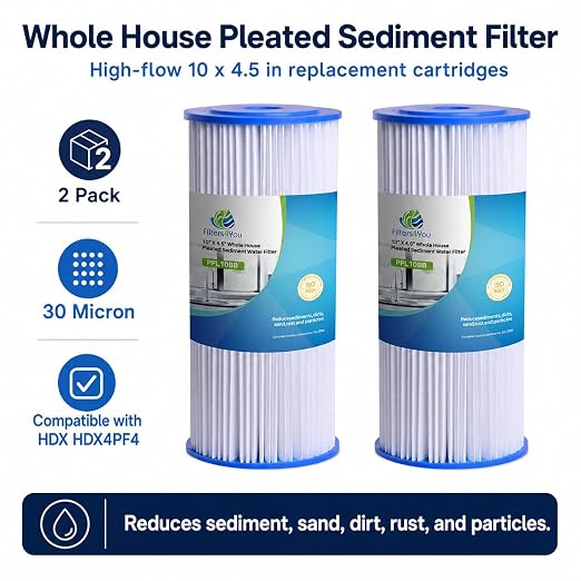CFS Pleated Sediment Filters for HDX4PF4, 10 x 4.5 in, 30 Micron, 2 Pack | Washable pleats trap sand, silt & rust; also fits ECP20-BB, R30-BB, W15-PR & other Big Blue 10 x 4.5 in housings