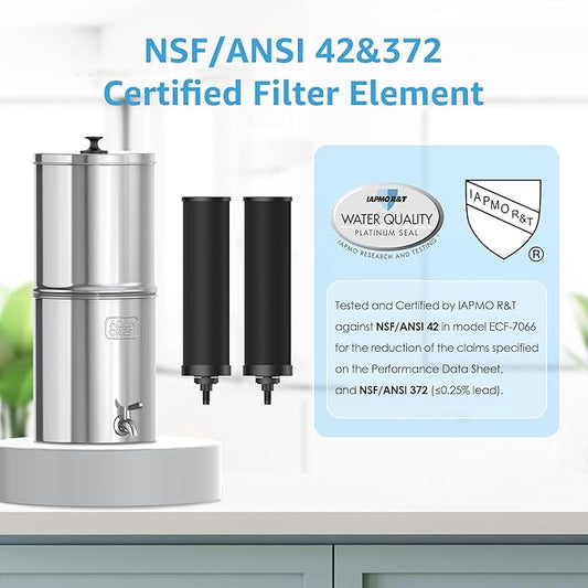 AQUA CREST Gravity Water Filter System, 304 Stainless Steel Countertop System with 4 Filters and Anti-Slip Stand, Reduce Fluoride and Chlorine, 2.25G, for Home, Camping, RVing, Off-Grid, Emergencies