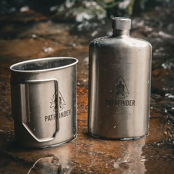 The Pathfinder School Canteen Cooking Set & Stainless Steel Nesting Cup with M34 Scout Canteen – Bushcraft Survival Gear, Camping Essentials, Hiking Water Bottle, Backpacking & Outdoor Cooking Kit