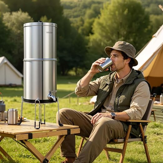 VEVOR Gravity-fed Water Filter System, 2.25G 304 Stainless-Steel Countertop Water Filtration System, Reduces Lead and up to 99% of Chlorine, with 2 Carbon Filters, Spigot, and Stand, for Home Camping