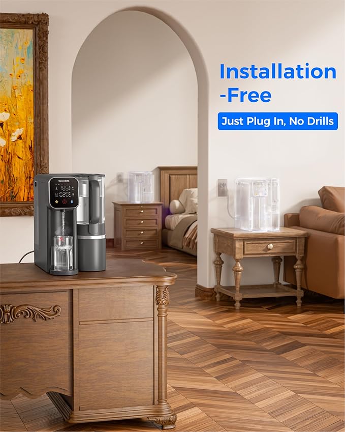 Waterdrop M6H Instant Hot Reverse Osmosis System Countertop Water Filter, 7-Stage, 3:1 Pure to Drain, Hot Water Dispenser with 5 Temperature Options, RO System with Glass Pitcher, BPA-Free