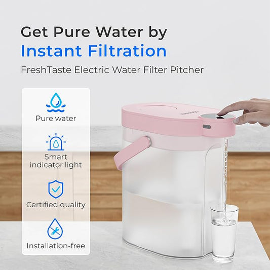 Waterdrop ED06P Electric Insant Water Filter Pitcher, 17-Cup Capacity, Pink | FreshTaste Rechargeable Pitcher, Countertop Purifier, Reduce Chlorine, Lead, Copper, Purify, Soften Water, Does not Lower TDS
